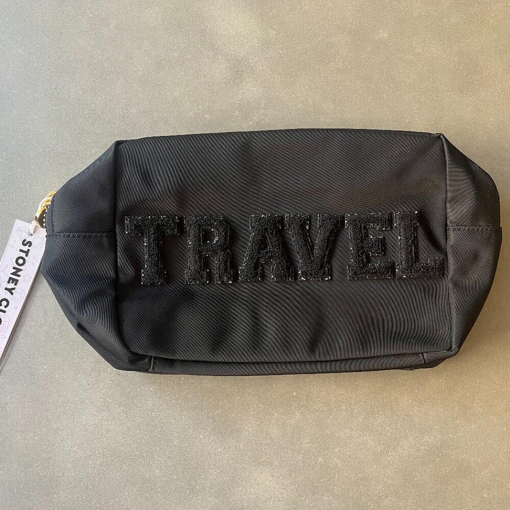 Stoney Clover Lane Large Pouch Black with TRAVEL Patches NWT